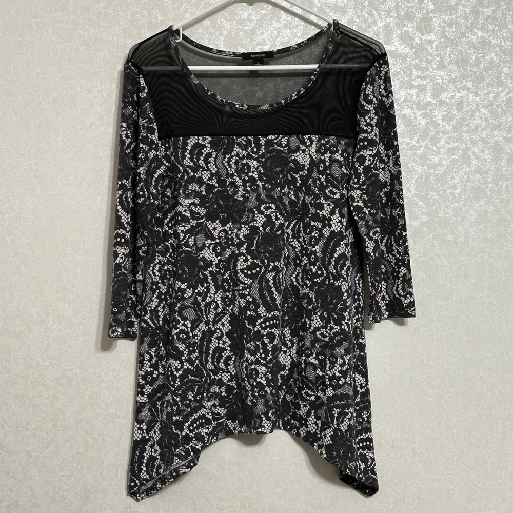 Espresso Faux Lace Tunic Top Sheer Mesh Yoke 3/4 Sleeve Black White Knit Shirt S